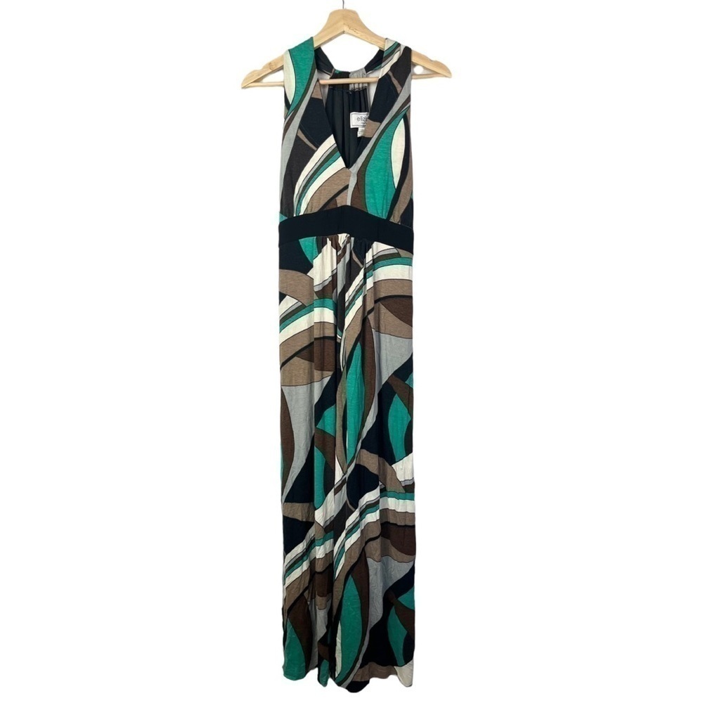 Eliza J Green & Brown Printed V-Neck Fit & Flare Maxi Dress 12